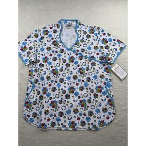 Adar Uniforms Women's Large Mock Wrap Scrub Top Floral Spring Print Blue Red New